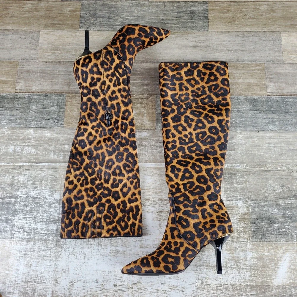 Michael Kors Katerina Womens Tall Boots Sz 5.5 Butterscotch Leopard Animal Print